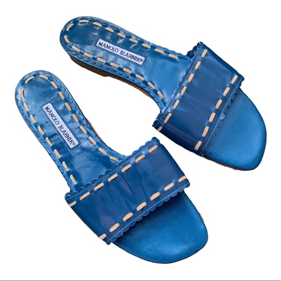 Manolo Blahnik Shoes - Manolo Blahnik Blue Falco Patent Slide Sandals Size 38.5